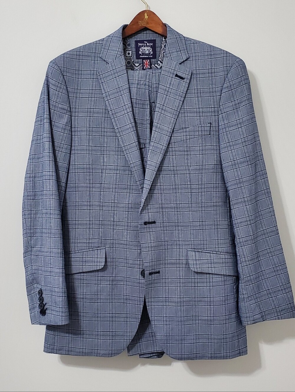 Savile Row Hoxton Blue Gray Plaid Suit 38R